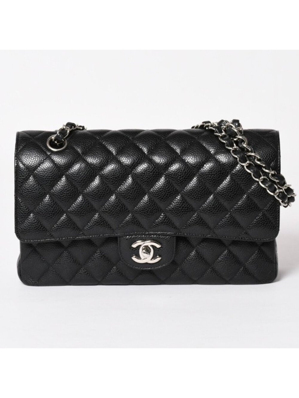 Chanel Quilted 25 Double Flap Chain Shoulder Bag CC Logo Caviar Leather Black